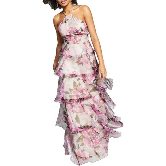 Speechless Floral-Print Tiered Halter Dress Sheer Maxi Evening Grey/Fuchsia SZ 3 - Picture 1 of 5
